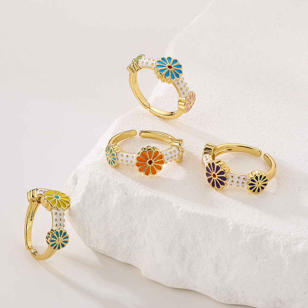 Bohemian Style Irregular Geometric Shape Copper Ring with Gold Plating and Enamel Floral Design for Women
