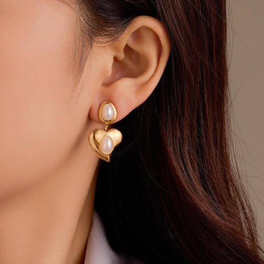 Vintage Style Irregular Heart-Shaped Pearl Drop Dangle Earrings in Titanium Steel with 18K Gold Plating