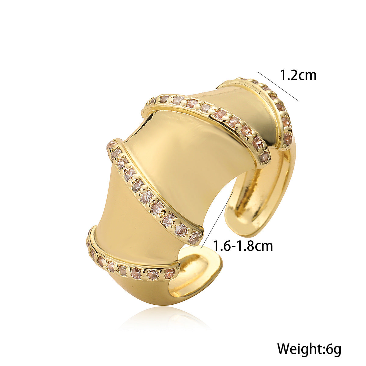 Anello Aperto Geometrico Minimalista da Donna in Rame con Placcatura in Oro 18K e Intarsio di Zirconi