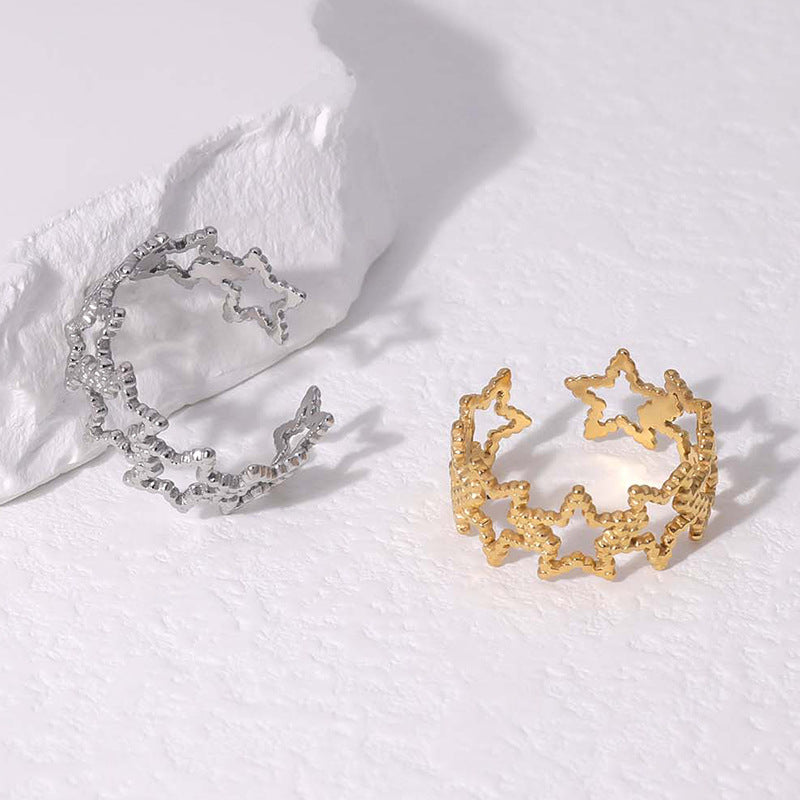 Anello da donna in acciaio al titanio a forma di stella minimalista con placcatura in oro 18 carati, fascia aperta regolabile