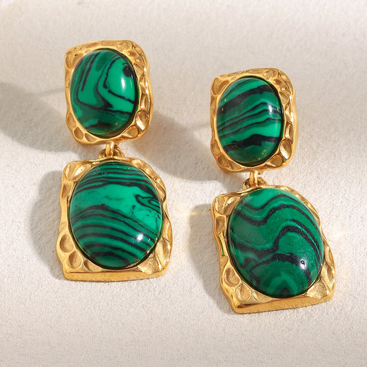 Luxury Geometric Stainless Steel Earrings with 18K Gold Plating and Malachite Pendant