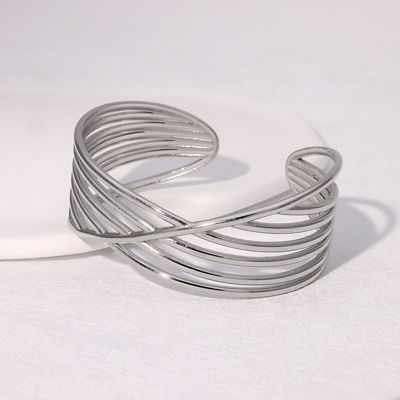 Minimalist Geometric Crossed Line Stainless Steel Open Bangle Bracelet for Women with Plating Finish