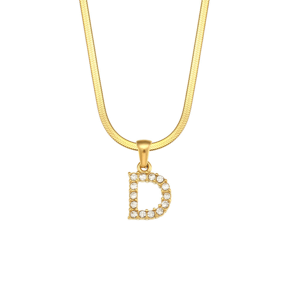 Collana Minimalista con Ciondolo a Lettera in Acciaio Inossidabile con Placcatura in Oro 18K e Zircone su Catena a Serpente Piatta per Donna