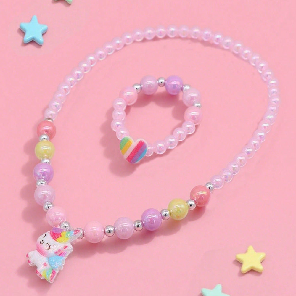 Cartoon Unicorn Pendant Necklace for Kids Made of Resin with Rainbow Dopamine Design on Beaded Chain