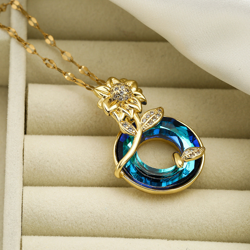 Minimalist Geometric Sunflower Pendant Necklace for Women in Copper with Cubic Zirconia Accents