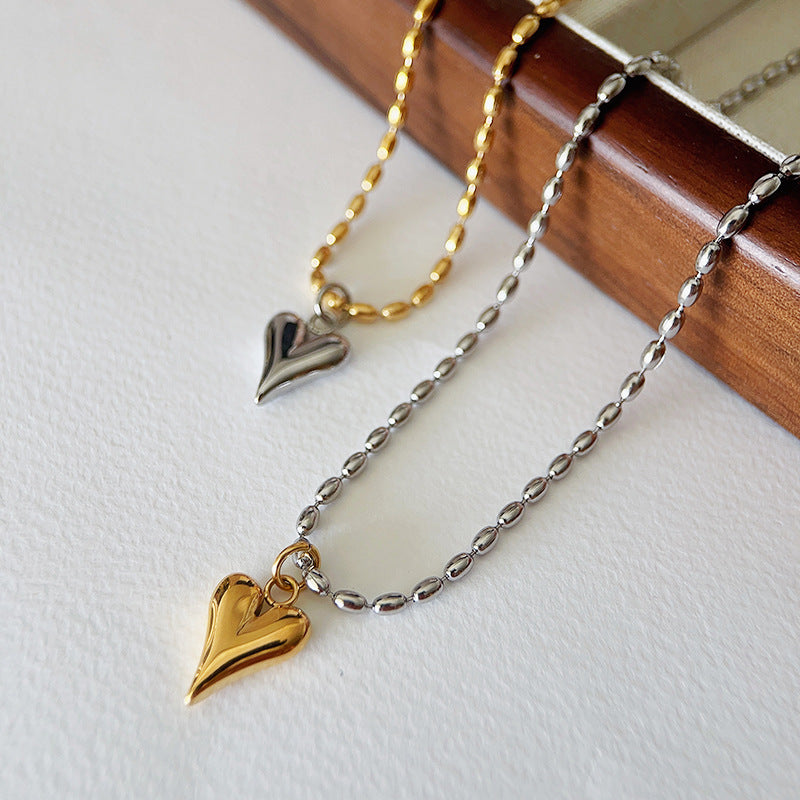 Collar minimalista de acero de titanio y chapado en oro y plata con cuentas y cadena de bolitas redondas, con forma de corazón, para mujer