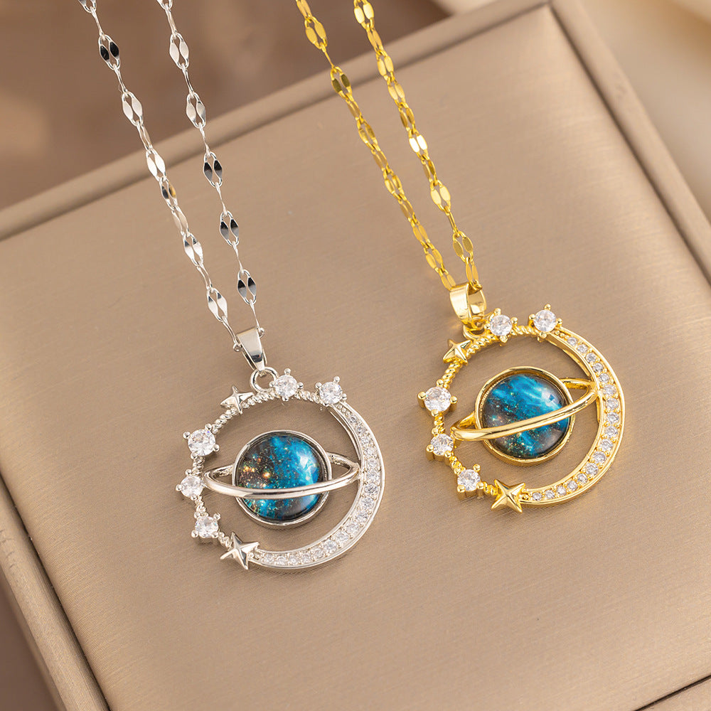 Light Luxury Geometric Starry Sky Pendant Necklace for Women Titanium Steel with Rhinestone Inlay O-Chain