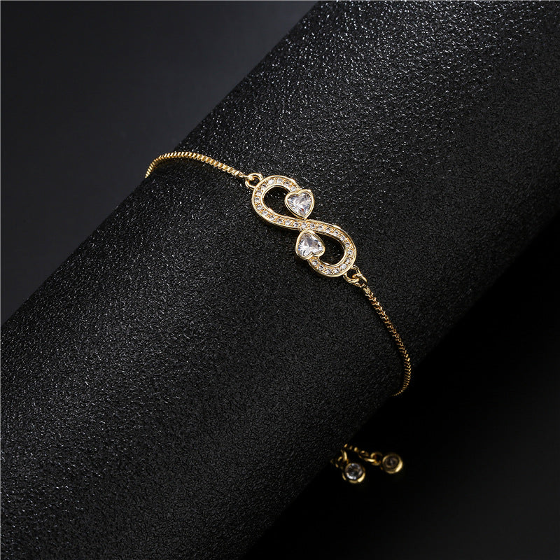 Micro-Paved Cubic Zirconia Heart Infinity Geometric Brass Bracelet for Women