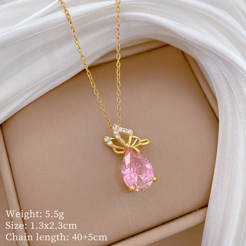 Sweet Butterfly Teardrop Rhinestone Plated Titanium Steel Necklace for Women and Men