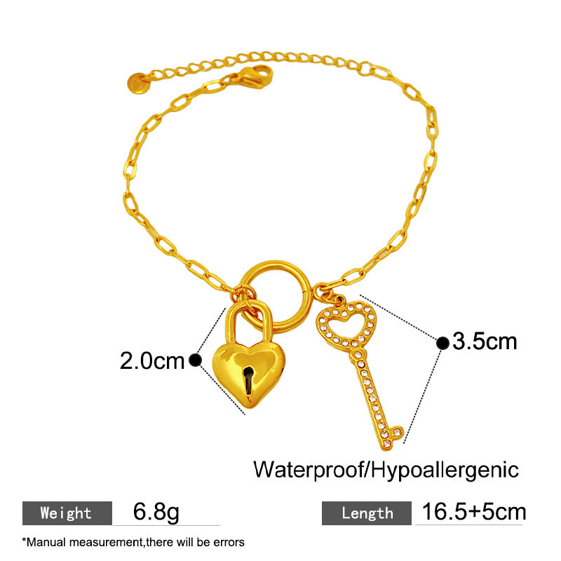 Sweet Minimalist Heart Key Lock Pendant with Cubic Zirconia and Star Elements Titanium Steel Bracelet for Unisex