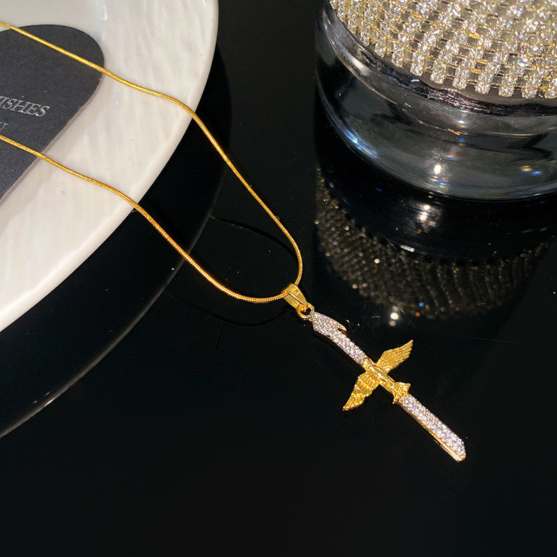 Full Rhinestone Cross Pendant Titanium Steel Necklace with Snake Chain for Unisex