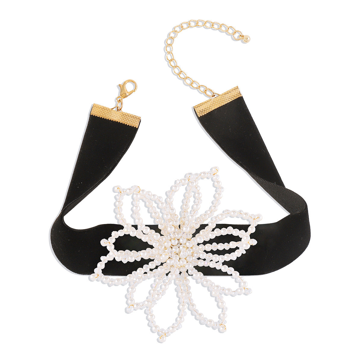 Sweet and Edgy Floral and Geometric Velvet-Coated Faux Pearl Choker Necklace for Women