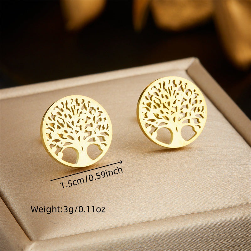 Fashion Office Stainless Steel Plated Round Tree of Life Pendant Necklace and Earrings Set