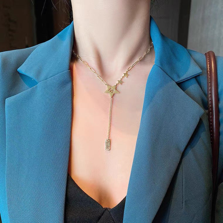 Minimalist Star Pendant Necklace with Tassels in Titanium Steel on Cuban Chain for Women