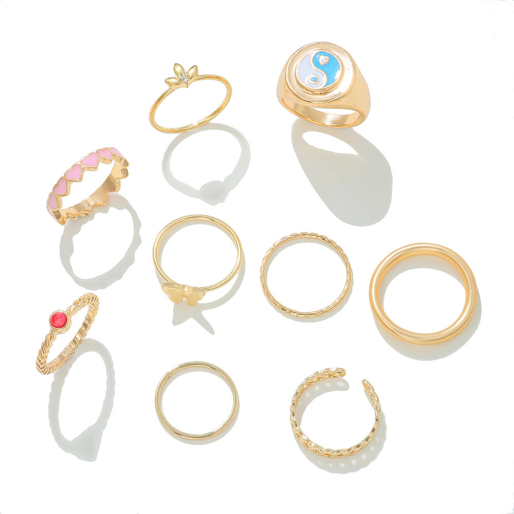 Minimalist Geometric Butterfly Rhinestone Pearl Drip Oil Alloy Ring Set for Women