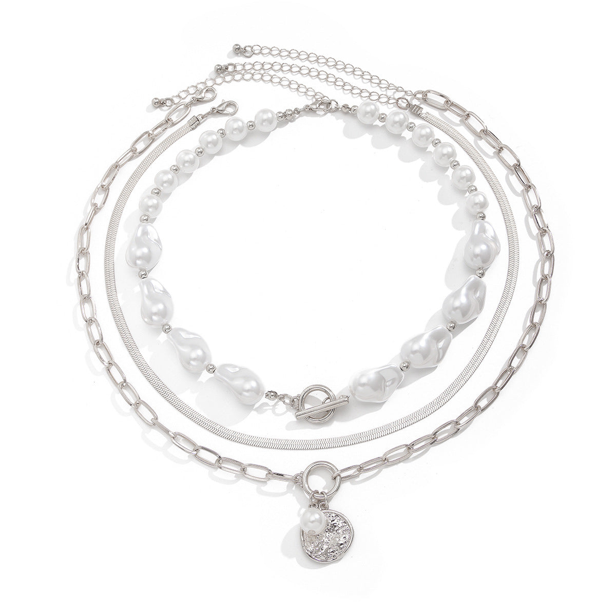 Vintage Bohemian Baroque Irregular Pearl Multi-Layer Alloy Plated Round Geometric Pendant Necklace for Women