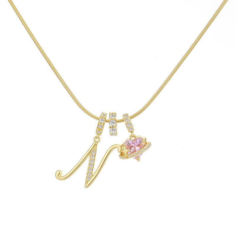 Sweet 22K Gold Plated Letter Titanium Steel Pendant Brass Cable Chain Necklace Unisex