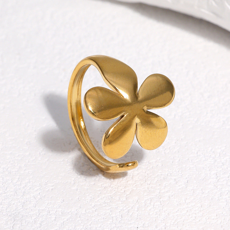 Sweet Minimalist Floral Plated Stainless Steel Adjustable Ring for Women