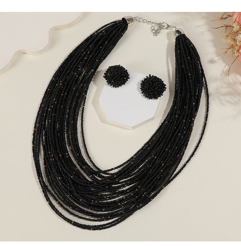 Bohemian Multi-Layer Glass Seed Bead Necklace and Earrings Set for Women with Line Pattern and Ethnic Design