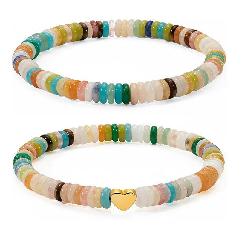 Vintage Natural Stone Agate Turquoise Heart Round Beaded Stretch Bracelet for Women