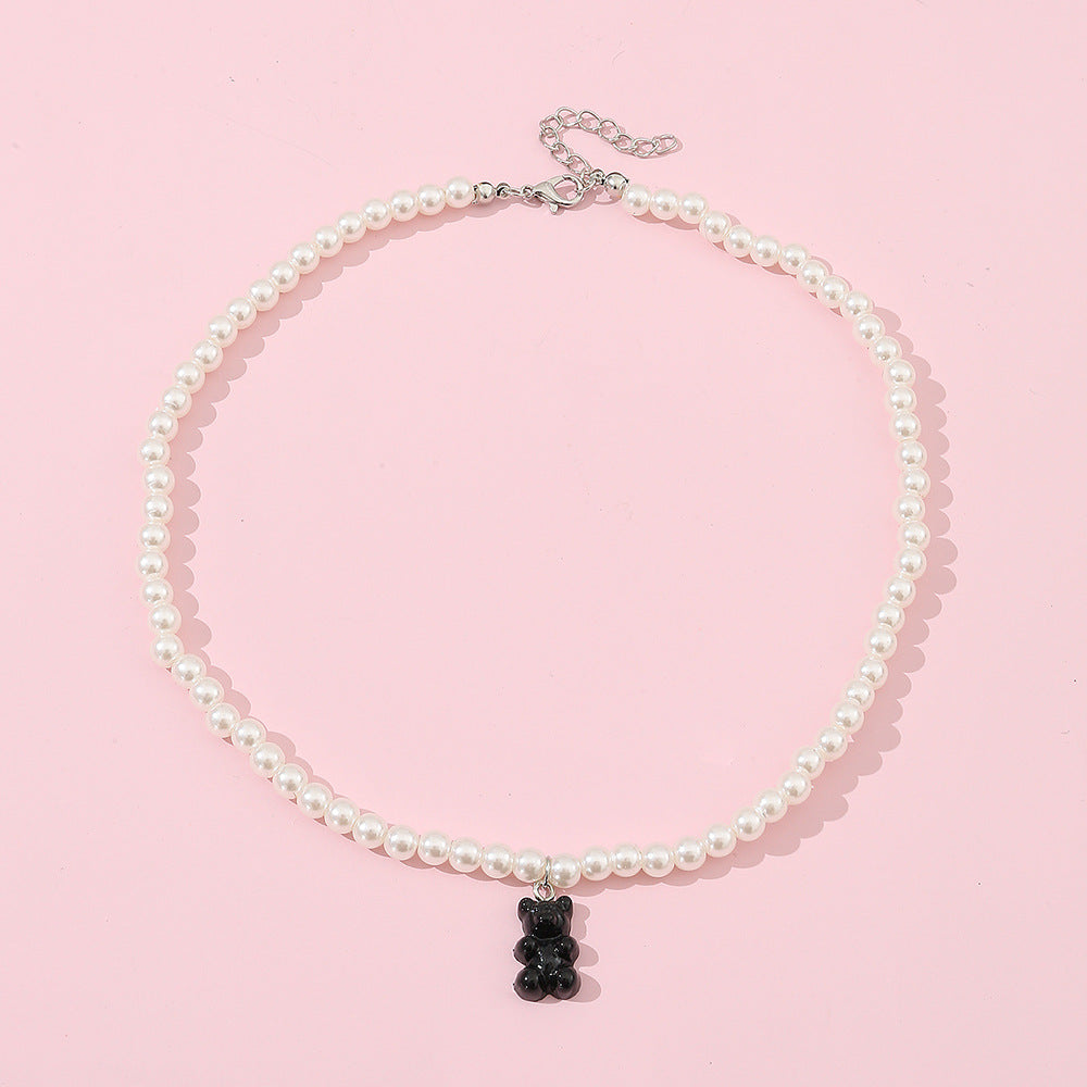 Minimalist Bear-Shaped Resin Necklace for Girls with Pearl Chain Adjustable Choker Style Pendant Necklace