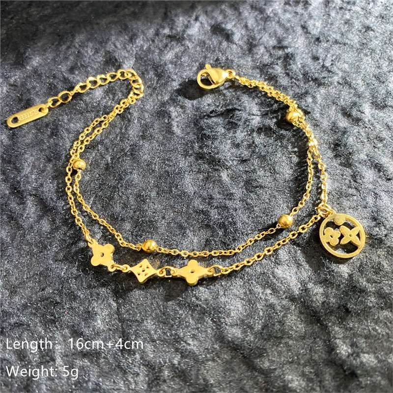 Original Design Geometric Four-Leaf Clover Roman Numeral Double-Layer Bracelet in Titanium Steel with Gold Plating