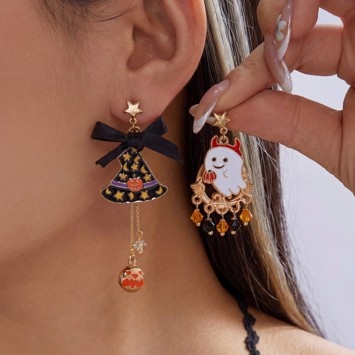 Punk Plated Alloy Cartoon Pumpkin Black Cat Smile Earrings for Women