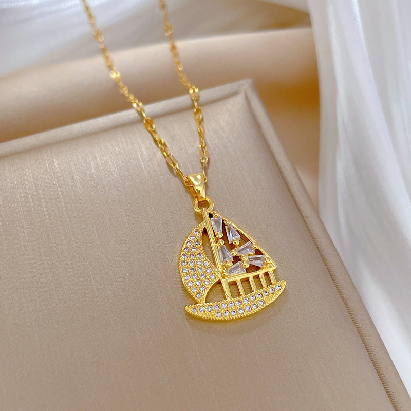 Minimalist Sailboat Pendant Necklace for Women in Titanium Steel with Rhodium Plating, Geometric Design, Delicate Clavicle Chain