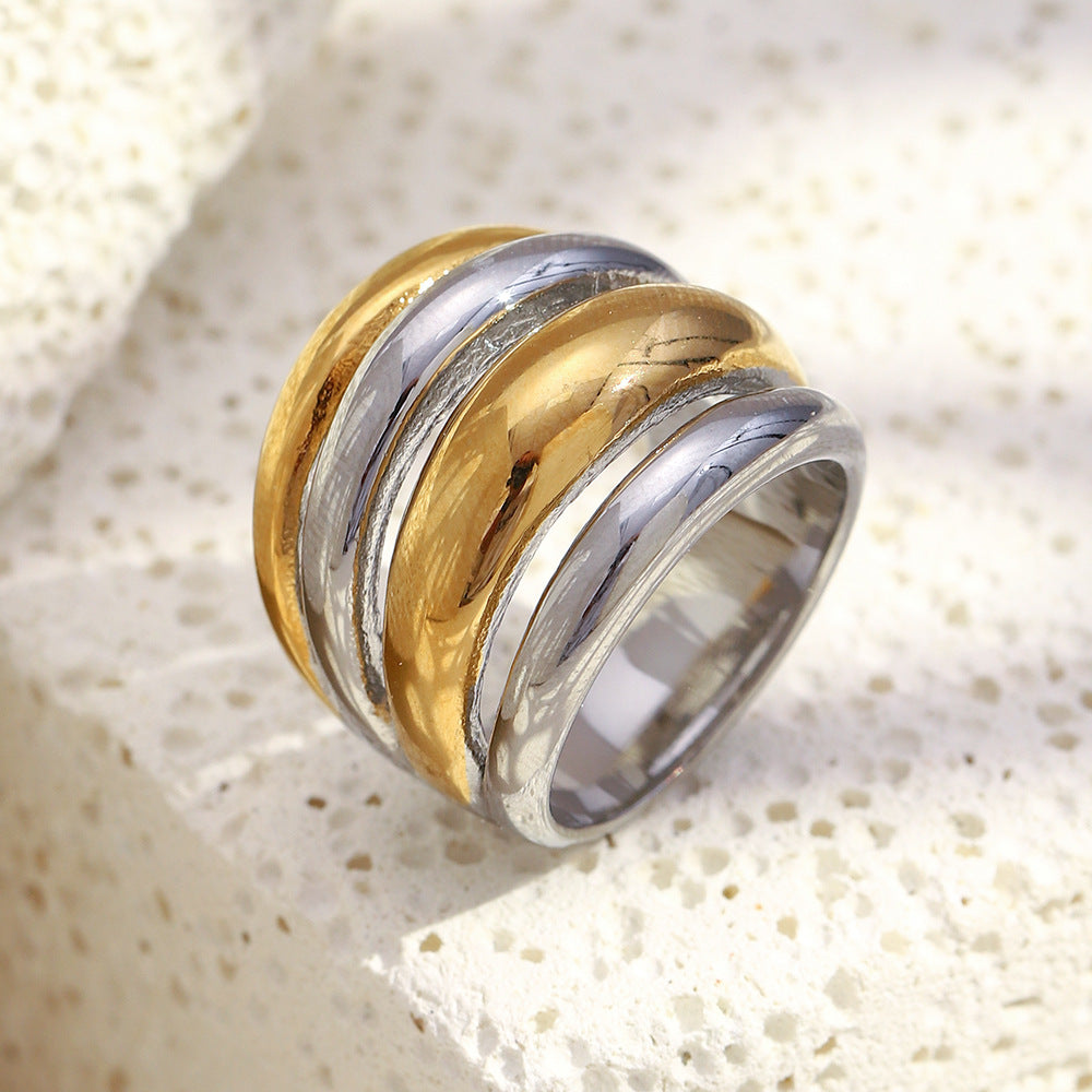 Minimalist Geometric Stainless Steel Ring Set for Women with 18K Gold Plating, Fashionable Casual Stackable Band