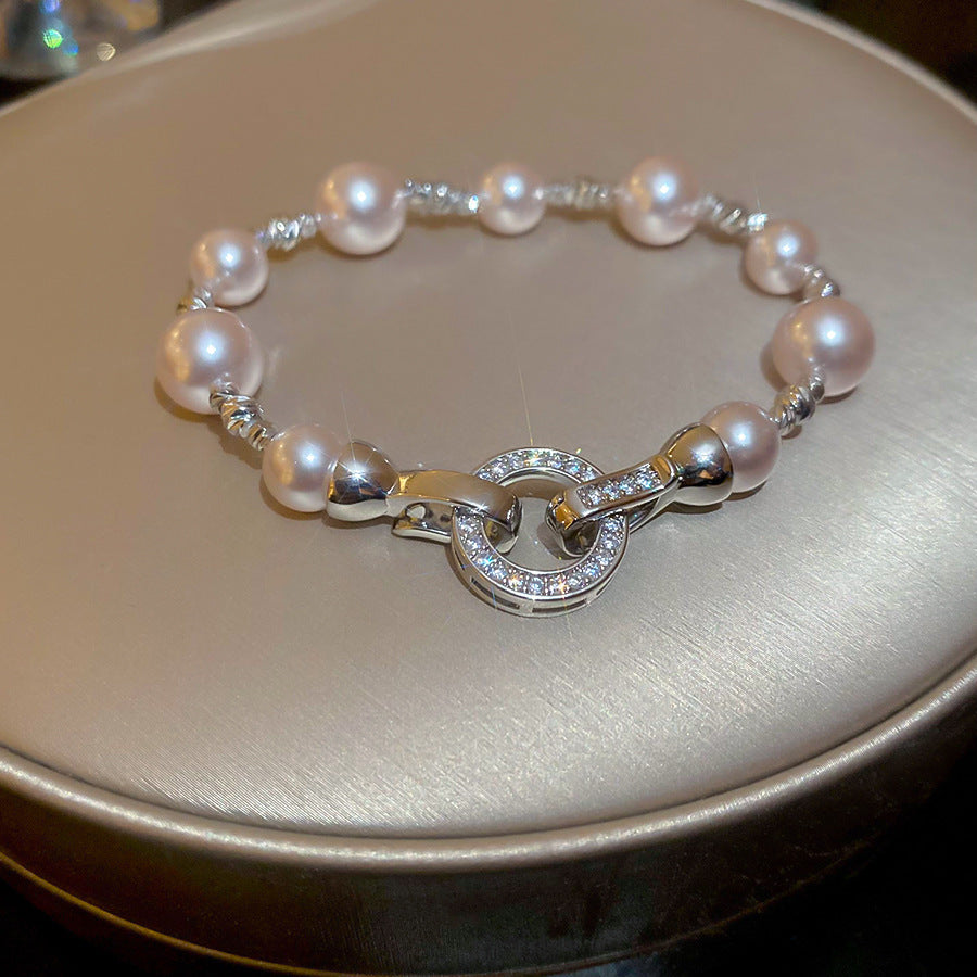 Vintage Luxury Geometric Cubic Zirconia Inlaid Pearl Bracelet for Women