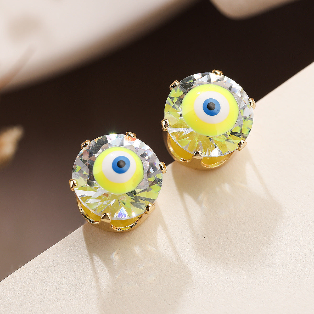 Minimalist Geometric Evil Eye Stud Earrings in Copper with Gold Plating and Zircon Inlay