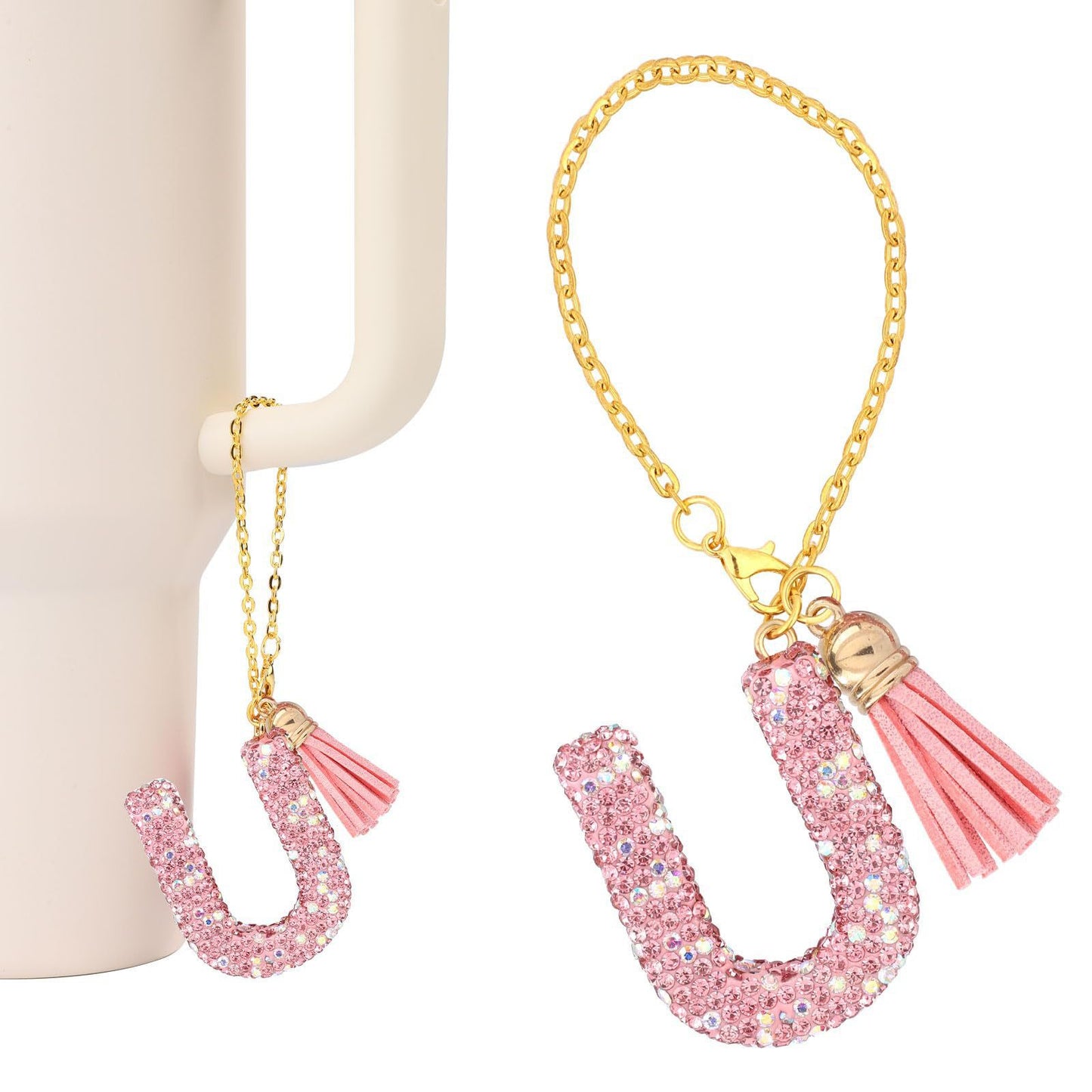 Minimalist Geometric Letter Ceramic Pendant with Gold Adjustable Chain Pink Tassel and Glitter Sequins
