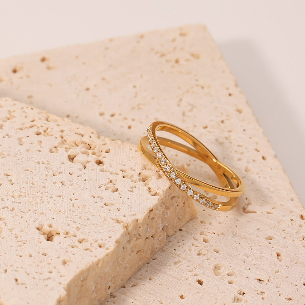 Minimalist Geometric Stainless Steel Ring with Micro-Pavé Zirconia, Thin Fashionable Band for Women