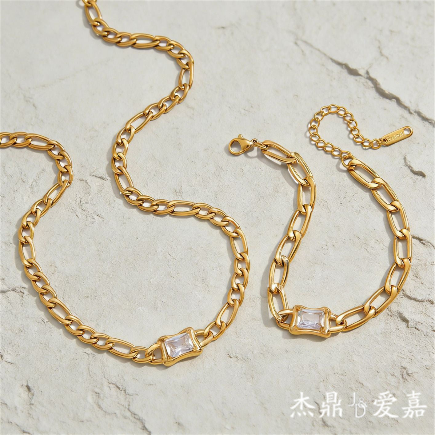 Minimalist Geometric Square Cubic Zirconia Stainless Steel Necklace and Bracelet Set for Women