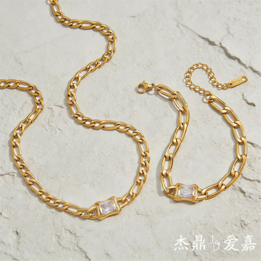 Minimalist Geometric Square Cubic Zirconia Stainless Steel Necklace and Bracelet Set for Women