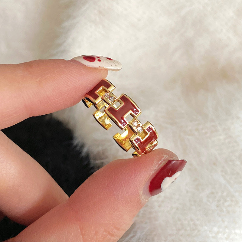 Anillo abierto con la letra H de cobre chapado en oro, estilo vintage, para mujer, con acabado esmaltado y diseño de tipografía minimalista