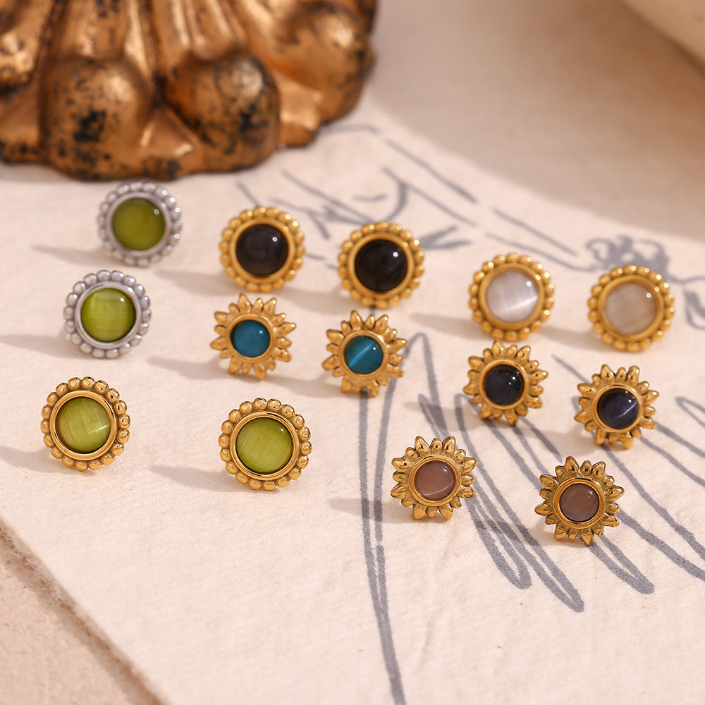 Vintage-Inspired Geometric Stainless Steel Earrings with 18K Gold Plating and Natural Sunstone Cat's Eye Accents for Women