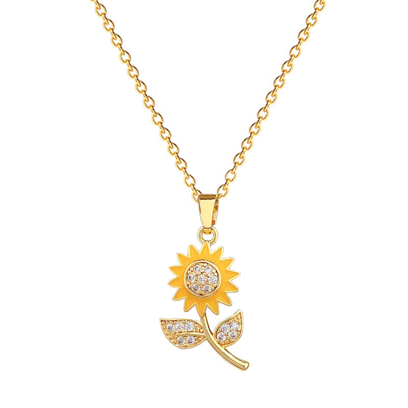 Sweet Elegant Drip Oil Rhinestone Sunflower Titanium Steel Necklace for Unisex