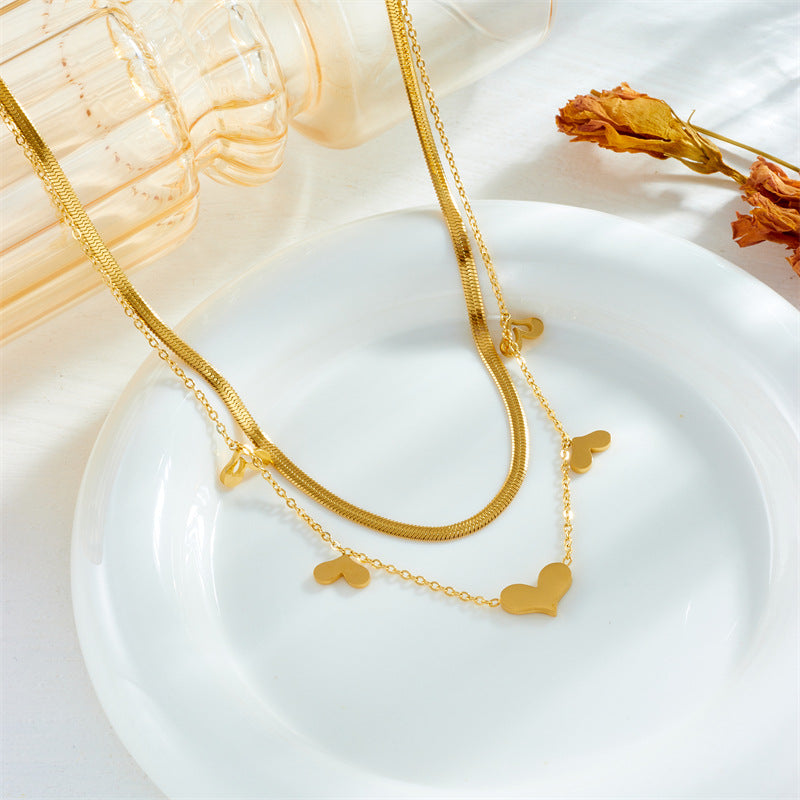 Collana Pendente a Cuore a Doppio Strato Minimalista in Acciaio al Titanio con Finitura Placcata da Donna