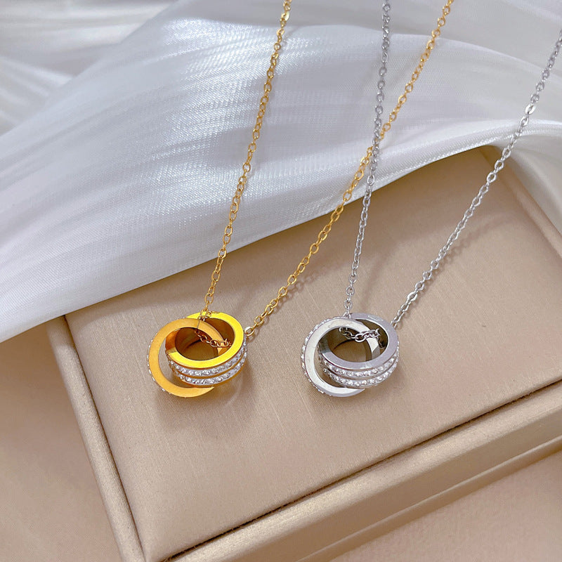 Collana a catena con colletto a doppio anello geometrico in titanio e acciaio inossidabile minimalista con strass per unisex