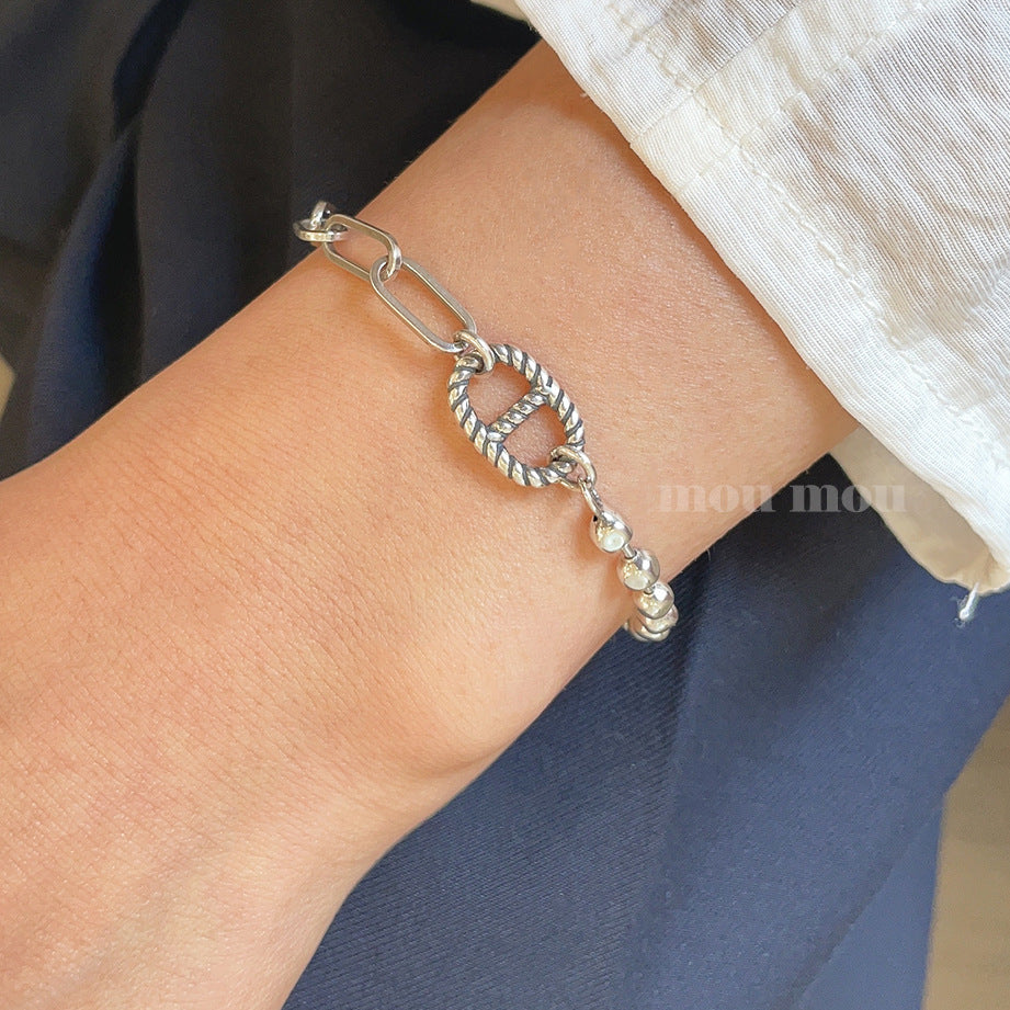 Minimalist Vintage 925 Sterling Silver Round Geometric Beaded Bracelet