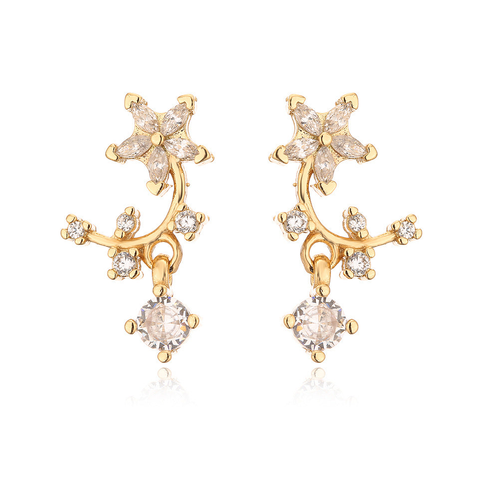 Orecchini a perno da donna a fiocco floreale creativi in rame con placcatura in oro 18K e intarsio in zircone