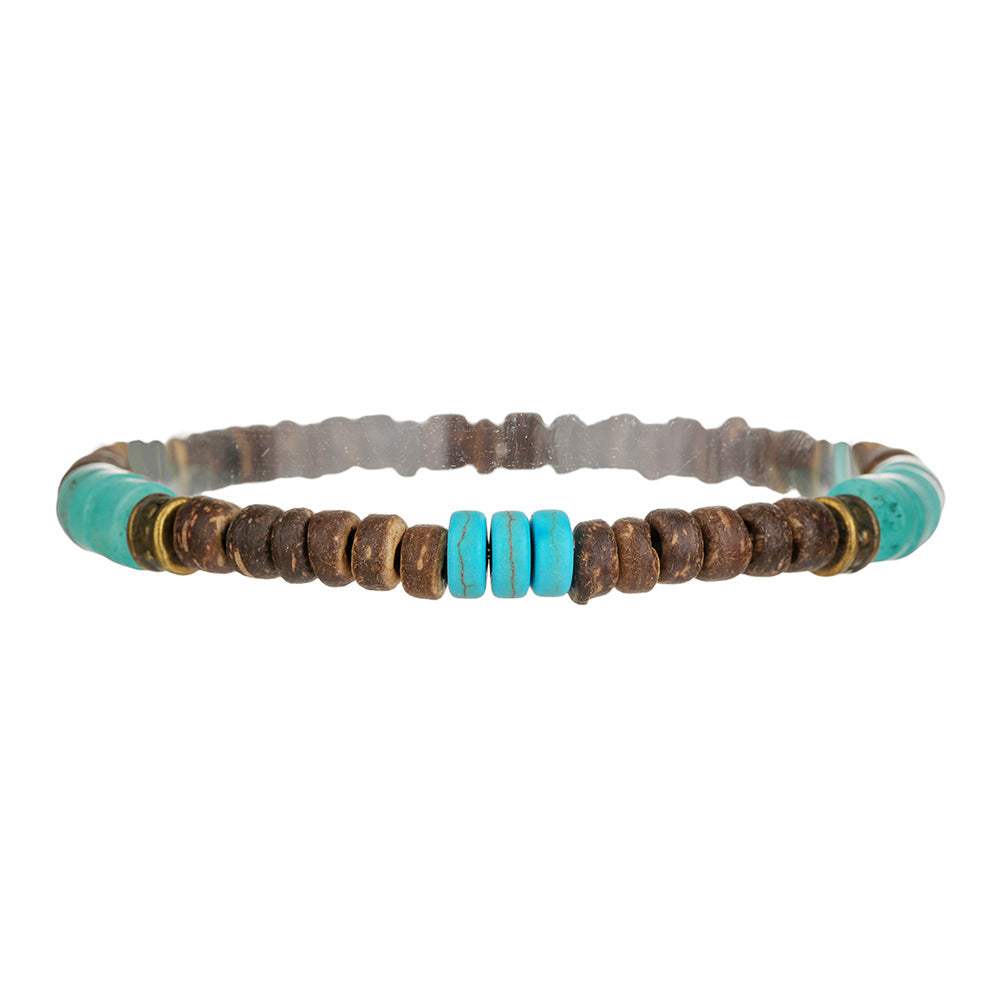 Hip-hop Geometric Round Wood Turquoise Beaded Bracelet for Men and Women