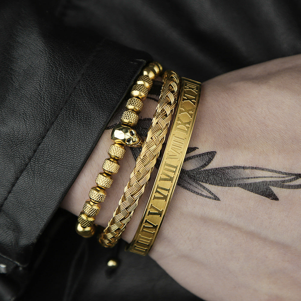 Vintage Gold Plated Titanium Steel Round Geometric Bracelet with Cubic Zirconia Skull Beads