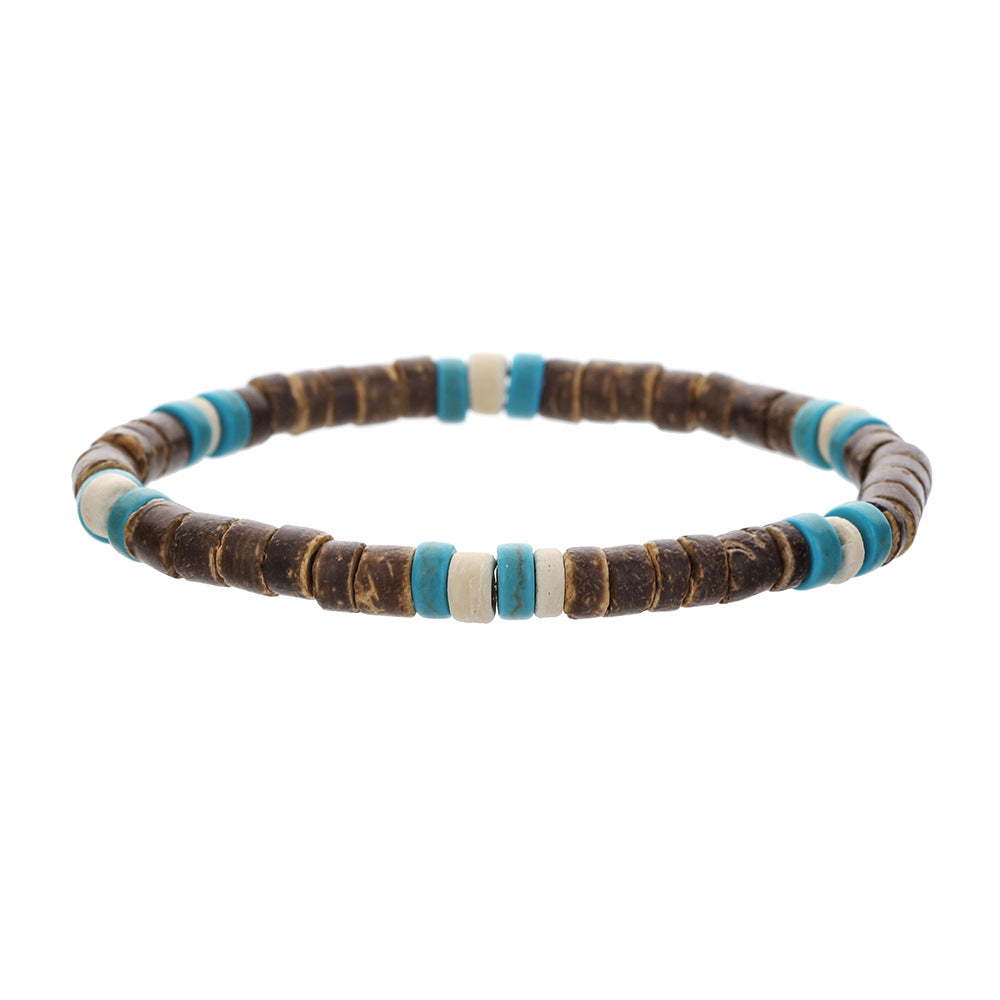 Minimalist Geometric Wood Turquoise Coconut Shell Beaded Bracelet Handmade Unisex Jewelry