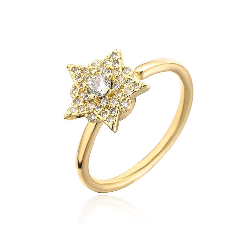 INS Style Geometric Copper Ring with 18K Gold Plating and Micro-Paved Zirconia Crown Star Design