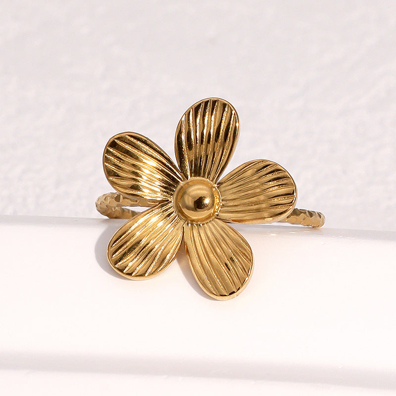 Anello Aperto da Donna Minimalista in Stile Francese con Fiori in Acciaio Inox Placcato Oro 18K