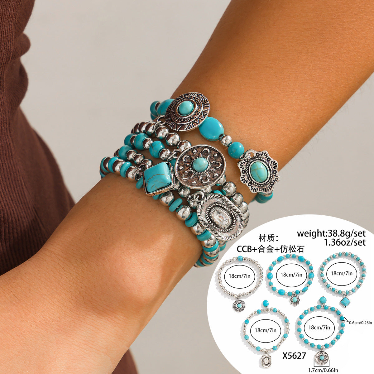 Ethnic Vintage Style Adjustable Beaded Bracelet with Turquoise Beads and Ox Charm in Alloy with Plated Finish