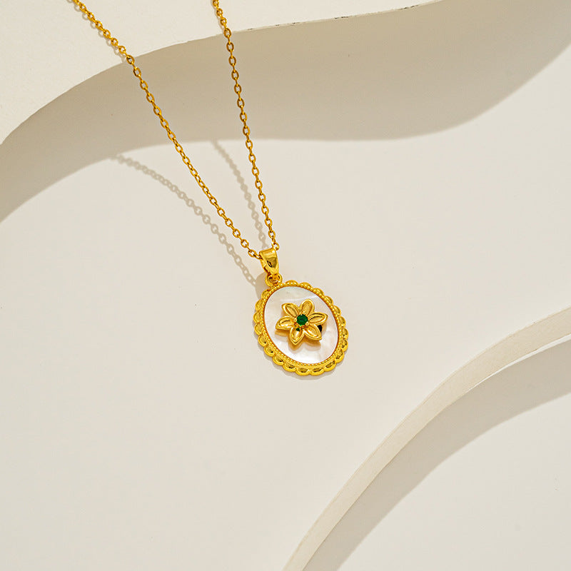 Collar de Cadena O de Acero de Titanio Chapado en Oro de 18K con Colgante de Flor Redonda de Nácar Blanco Lujoso Vintage para Mujer