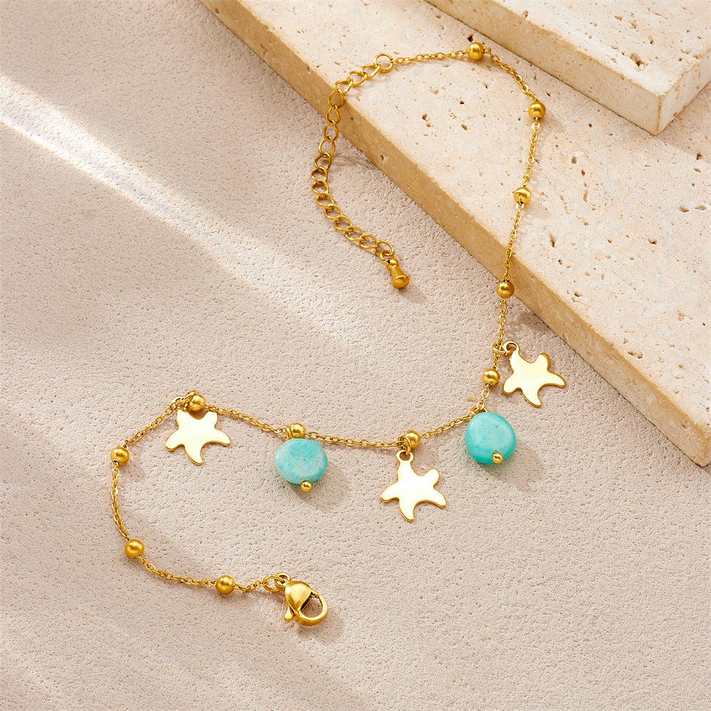 Minimalist Star-Shaped Mint Green Stone Pendant Polished Gold-Plated Stainless Steel Anklet